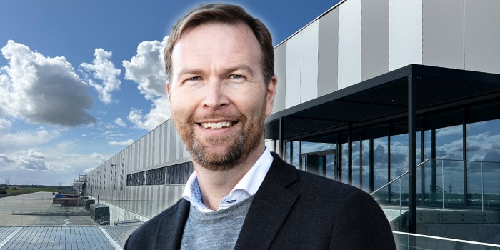 Catena CEO Jörgen Eriksson in front of the acquired property in Horsens. The image is a montage.