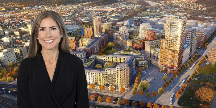 Christina Heikel, urban development manager at the West Swedish Chamber of Commerce. In the background the illustration of Framtidens Backaplan in Gothenburg.