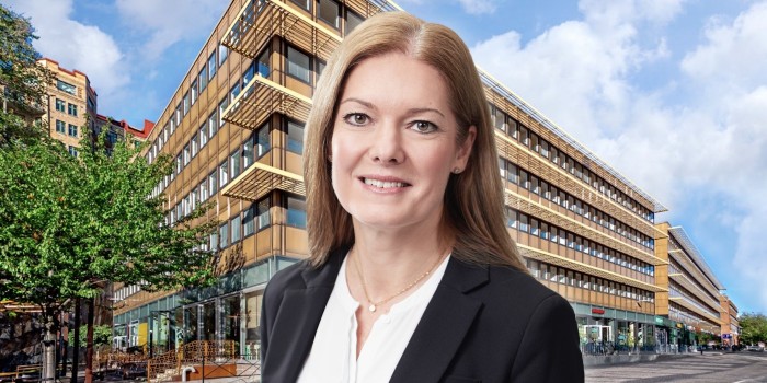 Marina Fritsche in front of the building that the University of Gothenburg will move into. The image is a montage.