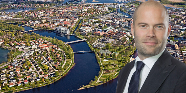 Montage of Randviken's CEO Tobias Emanuelsson and the city of Karlstad.