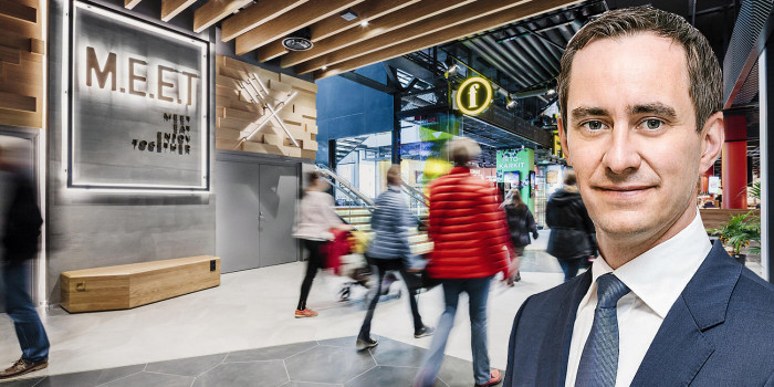 Montage of Robert Landtman, Partner at Alma Property Partners, and a Finnish shopping center.