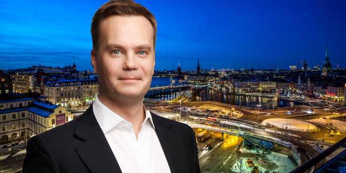 Montage of Arvi Luoma, CEO of Blackbrook Capital, and Stockholm skyline.