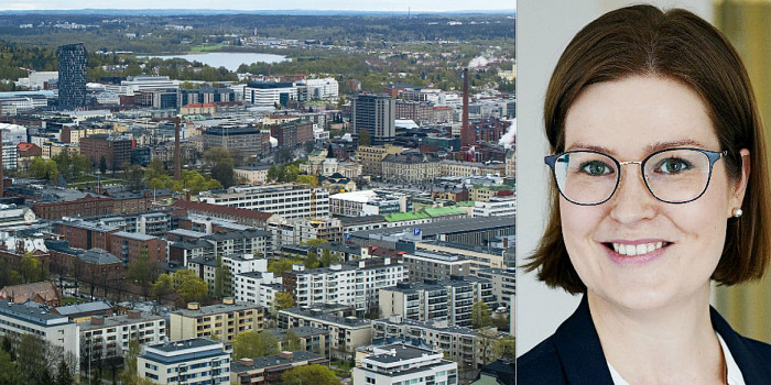 Tampere skyline and EQ Finnish Real Estate's Fund Manager, Marjaana Berger.