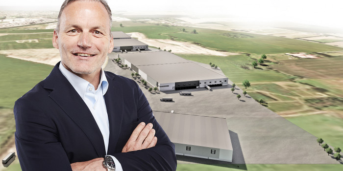 Collage of Matthias Kettelhoit, Head of Logicenters, and the Køge logistics area (vision).