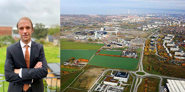 Johan Lagerdahl, Country Manager and Head of Asset Management at Patrizia Sweden, and skyline over the Hyllie area in Malmö.