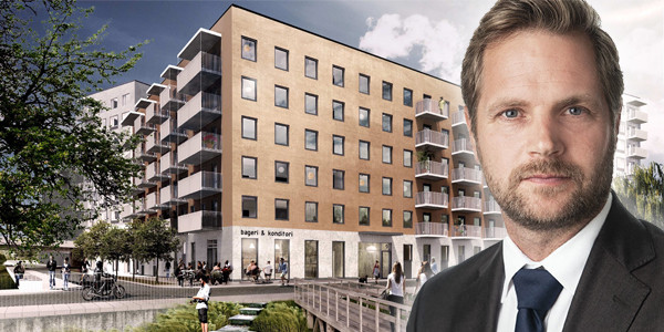 Rickard Langerfors in front of the apartments the NREP acquired from Skanska. The image is a montage.