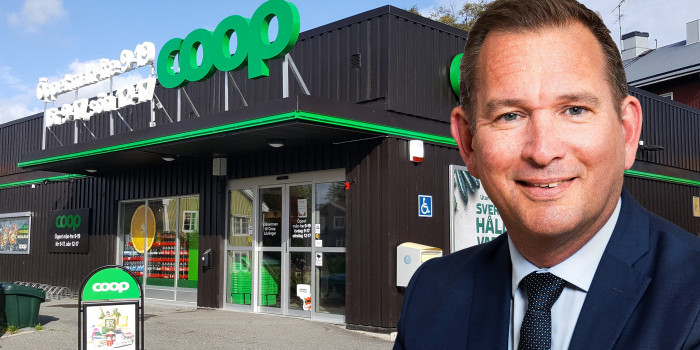 Montage of Sverker Källgården, CEO of Cibus, and a Coop store.