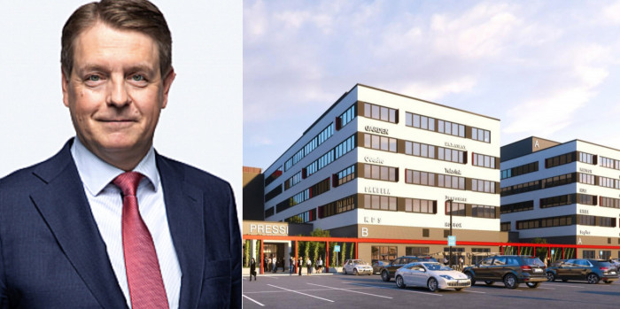 Timo Valtonen, CEO of Julius Tallberg Real Estate, and the Pressi office project (vision).