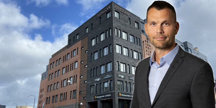 CEO Andreas Birgersson in front of the newly acquired Multihuset in Limhamn, Malmö. The image is a montage.