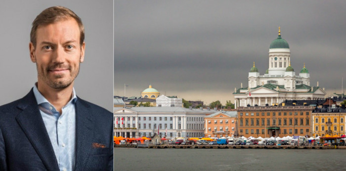 Markus Laine, Head of Finland at Areim, and Helsinki skyline.