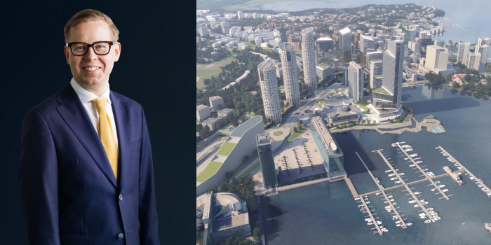 Ilkka Tomperi, EVP, Property Development at YIT, and vision image of the new booming Keilaniemi area.