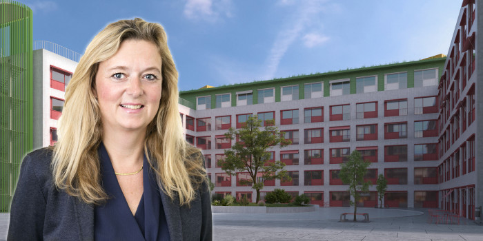 Louise Hertz in front of one of the properties in Patrizia's newly acquired student housing portfolio. The image is a montage.
