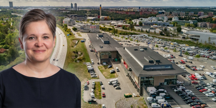 Caroline Bertlin in front of one of the properties acquired from Mälaråsen. The image is a montage.
