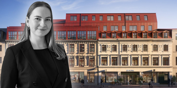 Jennifer Eriksson in front of Ramsbury's new Gothenburg redevelopment project. The image is a montage.