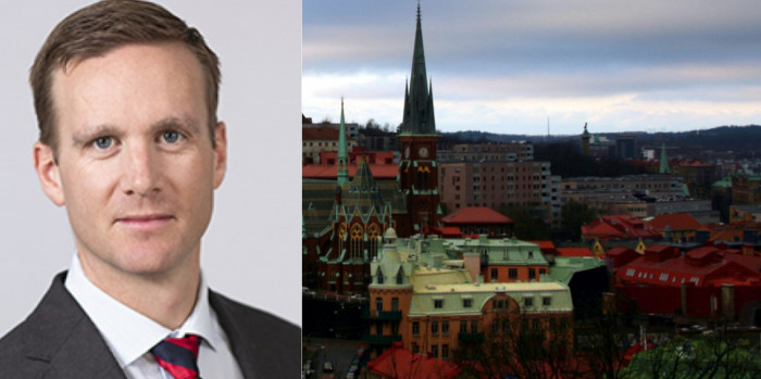 Henrik Roderhult, Director, Newsec Advisory in Sweden, and Gothenburg skyline.
