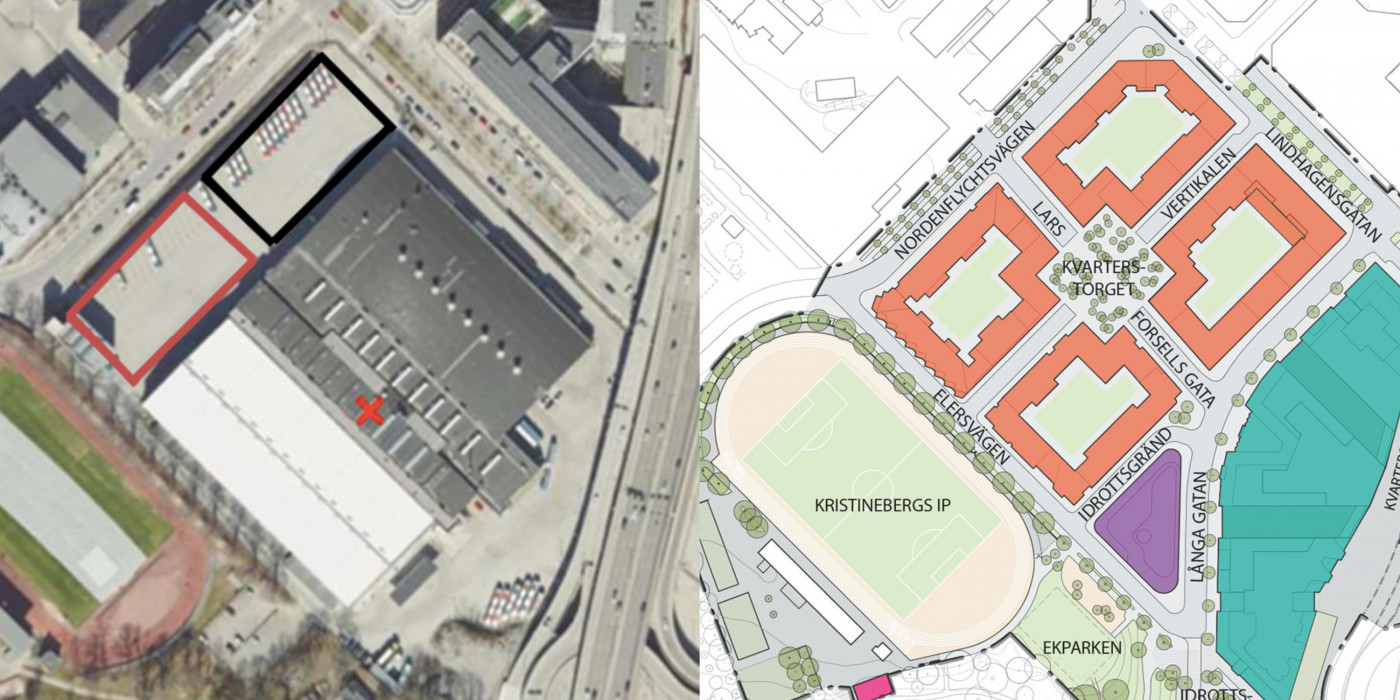 On the left is the land designation area within the property Kristinebergs Slott 11. NCC's area for offices is marked with a red rectangle and Selvaag's for housing with a black rectangle. On the right is the block plan for the entire Hornsberg block.