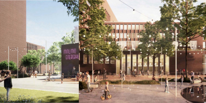 On the left is an illustration from Regementsgatan with a view south towards the plan area. By demolishing the existing connection between the main building and the computer hall, a passage from Regementsgatan into the block can be created. The computer hall on the right in the picture is not included in the plan area. On the right is an illustration showing the possible design and use of the area west of the main building adjacent to the dining room that can be used as a restaurant.