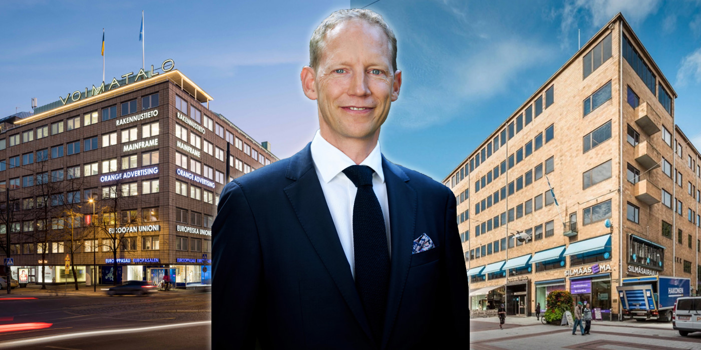Johan Bråkenhielm in front of the office buildings Voimatalo and Sampotalo that Schroders recently divested. The image is a montage.