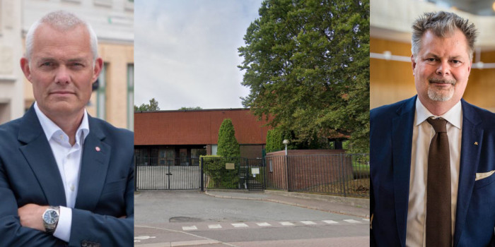 The opposition's proposal to investigate the possibilities of acquiring the property where the Russian consulate is located today was voted down in the municipal board. To the left is municipal board chairman Jonas Attenius (S) and to the right is opposition councilor Axel Josefson (M).