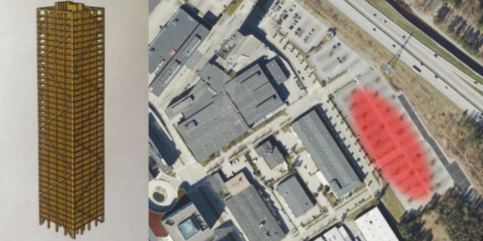 On the left is AB Invest's proposal for the construction of the 40-storey wooden building in Kista. The red-marked site for the development is today a parking lot.