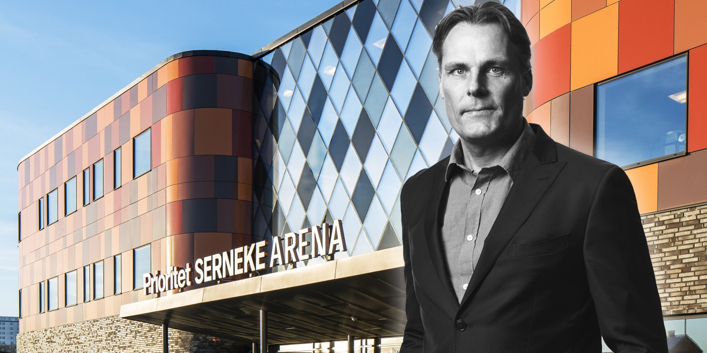 Ola Serneke in front of Prioritet Serneke arena in Gothenburg. The image is a montage.