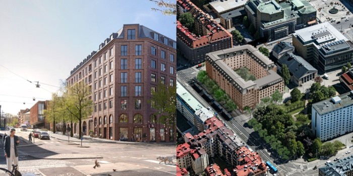 On the left is the design of the new proposal seen from the Södra Vägen/Berzeliigatan intersection. On the right, an aerial photo with a model of the building according to the new proposal.